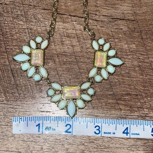 Opalescent Three Large Clusters Rhinestone Chain Statement Necklace Blue Gold To - Picture 4 of 5